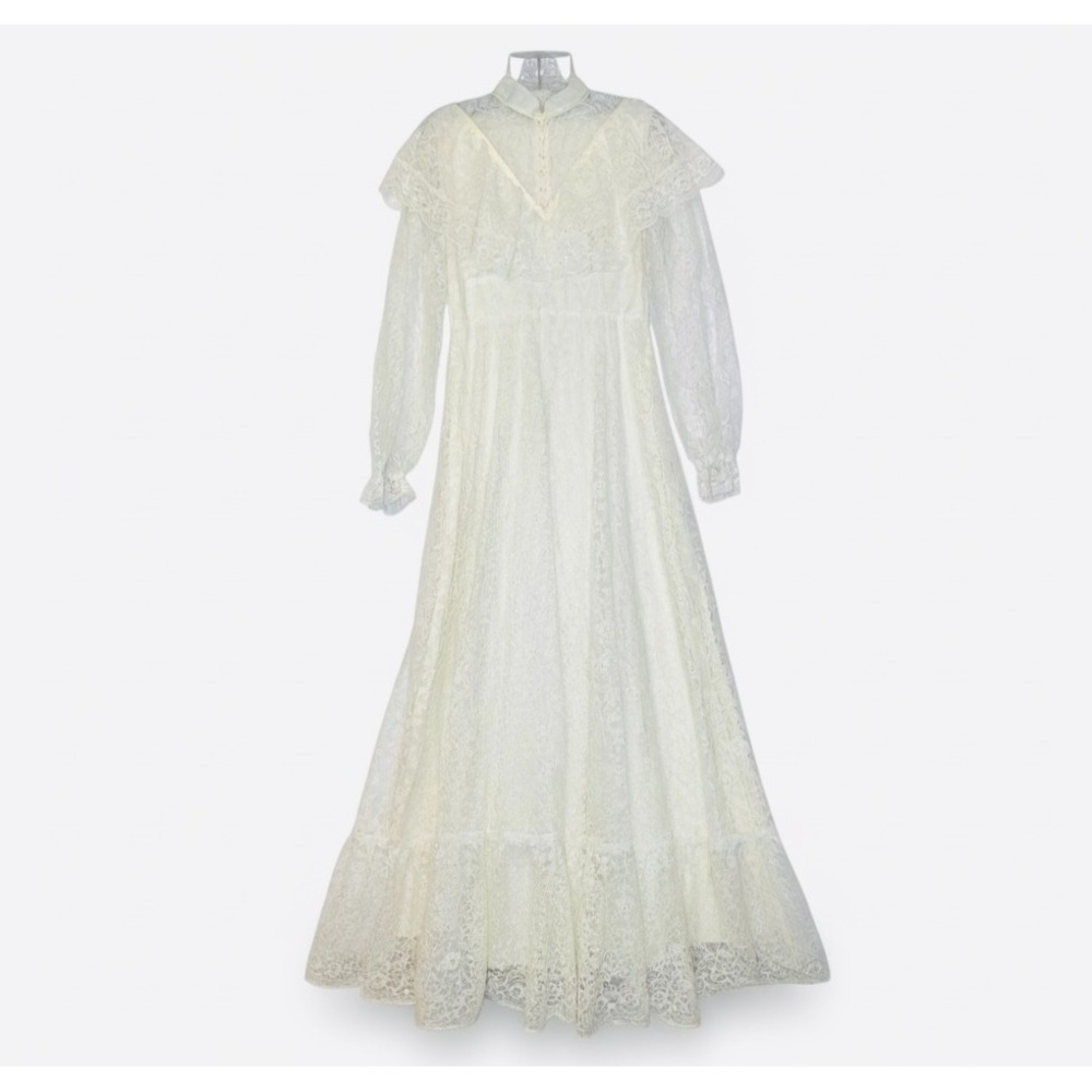 Vintage 80s Union Made Wedding Dress S Cream Lacey Long Sleeve Modest Victorian - Picture 3 of 14